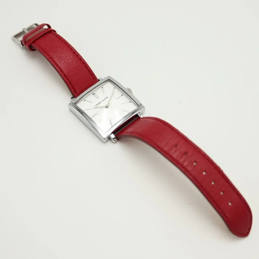 Anne Klein 34mm Square Silver Tone Womens Watch Red Leather Strap w New Battery